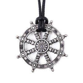 HAQUIL Buddhist Dharma Wheel of Life Dharmachakra Necklace, Faux leather Cord, Buddhist Jewelry Gift