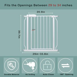 Walk Through Baby & Dog Gate 29-34 Inch, Pressure Mounted No Drilling, Indoor Safety Gate for Stairs & Doorways, Metal Design for Kids and Pets, White