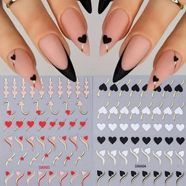 Heart Nail Art Stickers Decals 3D Valentine’s Day Nail Stickers 6PCS Black White Red Pink Heart Gold Geometric Lines Design Self-Adhesive Nail Art Decorations Supplies for Women DIY Manicure Nail Art