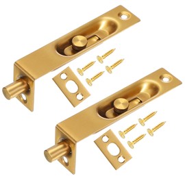 MECCANIXITY Flush Bolt 4.06 x 0.87 Inch Solid Brass Door Flush Bolt for Double Door Concealed Slide Lock Latch Stainless Steel for Wood Sliding Doors Cupboard Cabinet Light Gold, Pack of 2