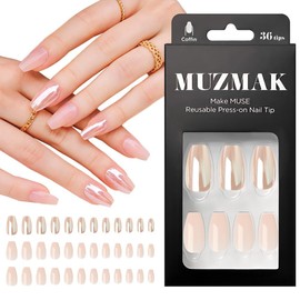 MUZMAK Reusable Press on Nails Long Medium Short 36Pcs Pink Fake Nails with Designs Red french tip Cute Gel (Aurora​(Coffin))