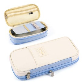 MAMUNU Pencil Case for Girls and Teenagers, Large Capacity, Aesthetic Pencil Case with Zip for School and Office (Blue/Beige)