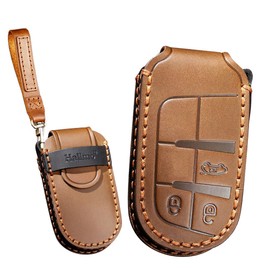 KUNIO Car Key Fob Cover fit for Chrysler 300C, Jeep Renegade, Compass, Grand Cherokee, Dodge, Fiat 500X Leather Key Case 3 Buttons Brown