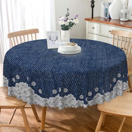 TTQYFNM Diamond Denim Round Tablecloth 24 Inch Jeans Inlaid Rhinestone Pirnt Pattern Table Cloth Waterproof and Stain Resistant Table Cover for Dining Room Kitchen Patio Banquet Party Supplies