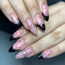 24Pcs Black French Tip Press on Nails Medium Almond Fake Nails with Colorful Rhinestone Design Glitter Acrylic Nails Silver Star False Nails Shiny Full Cover Artificial French Glue on Nails for Women