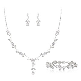 EVER FAITH Wedding Jewelry Set for Bride Bridesmaid, White Gold Plated Teardrop Cubic Zirconia Leaf Vine Bridal Prom Necklace Dangle Earrings Bracelet Set for Women