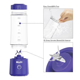 ‌Mulli Portable Blender 14oz-USB Rechargeable Smoothie Maker with 6 Stainless Steel Blades, Personal Mini Blender for Shakes, Baby Food, Travel, Gym & Kitchen, BPA-Free