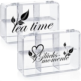 com-four® 2 x Storage Boxes for Tea and Tea Bags - Transparent Plastic Tea Box with 6 Compartments - Tea Box for Tea Storage (Pack of 2 - Happiness Moments & Teatime)