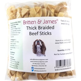 Britten and James Britten and James 20 Thick Braided Beef Skin Sticks for Dogs (350g). Natural Long-Lasting Dog Chew Treats - Hypoallergenic, Gluten and Grain Free