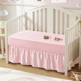 SiinvdaBZX 2-Piece Set Satin Crib Sheets & Crib Bed Skirt, 52" x 28" Silky Soft Ruffled Baby Crib Skirt with Adjustable Elastic 14" Drop, Fit for Standard Crib & Toddler Bedding (Pink)