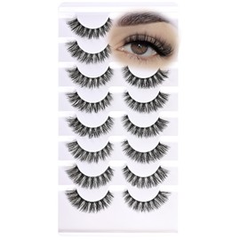 QUNETY Natural Lashes False Eyelashes Wispy Cat Eye Lashes Fluffy Clear Band Lash Pack Fake Eyelash Sets Fox Eye Lash 8 Pairs Pestañas Cluster Strip Lashes (Invisiband Full | 8-14MM)