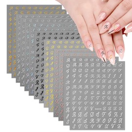 14 Sheets Letter Nail Stickers for Nail Art, 3D Self-Adhesive Black White Gold Silver Old English Letter Nail Decals, Nail Art Stickers DIY Decoration Nail Accessories for Women Girls