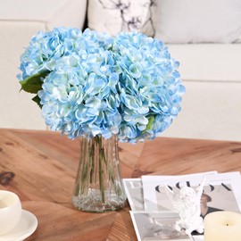 Auihiay Blue Large Hydrangeas, 5PCS Hydrangea Artificial Flowers, Lifelike Fake Flowers, Real Touch Silk Flowers Bouquet for Outdoor Wedding Office Family Party Living Room Table Decoration