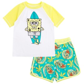 SpongeBob SquarePants Surfboard Big Boys UPF 50+ Rash Guard and Swim Trunks Outfit Set Yellow/Turquoise 14-16