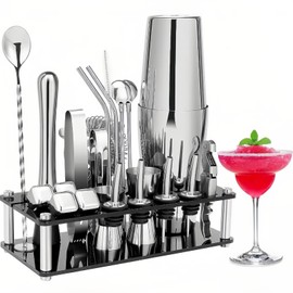 Taoluwin Cocktail Shaker Set, Cocktail Making Set, Boston Shaker, Stainless Steel Bartender Kit with Acrylic Stand & Cocktail Recipes Booklet, for Drink Mixing, Home, Bar, Party.
