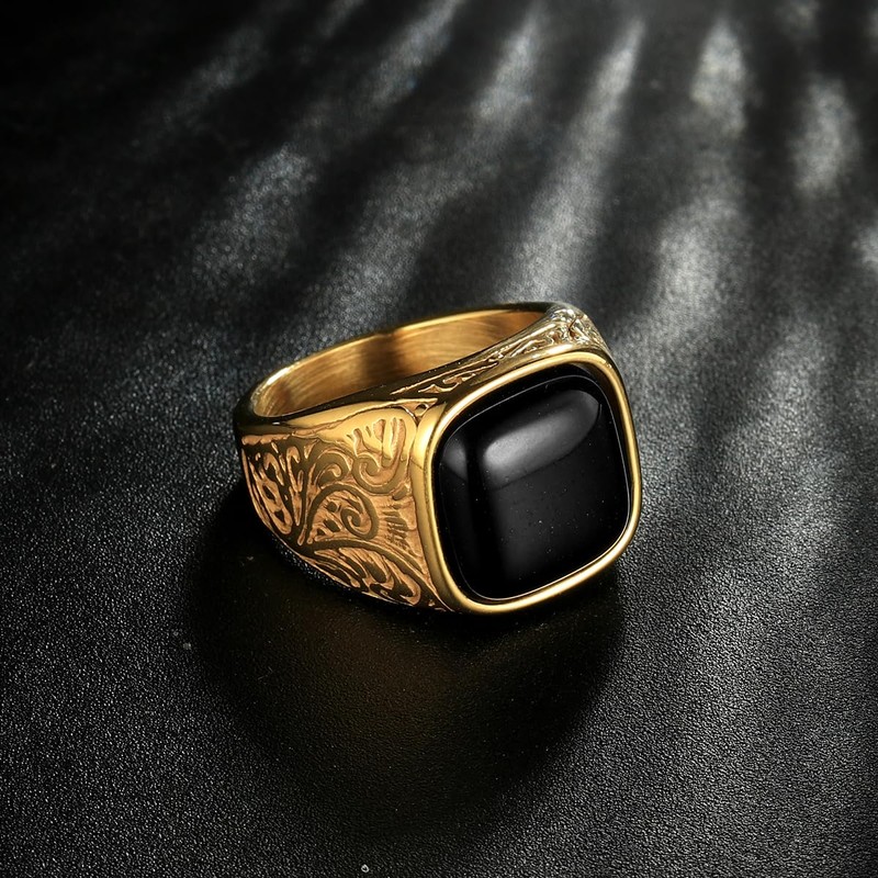 Classic Onyx Ring Black for Men Stainless Steel Antique Swirl