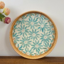 Rattan Woven Serving Tray Round Decorative Natural Rattan Shell Fruit Dessert Snack Plate for Living Room Coffee Table Green Flower