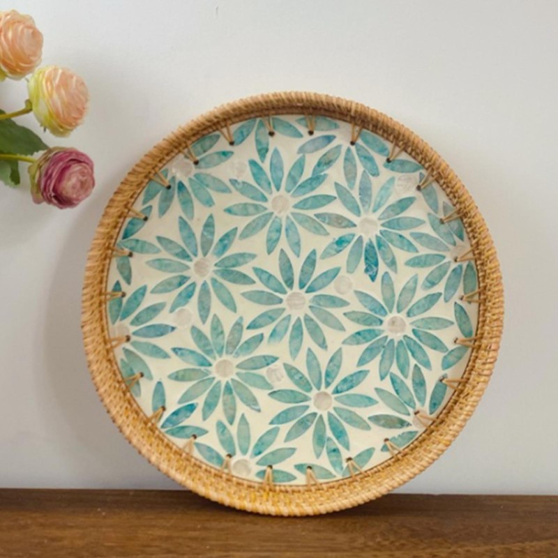 Rattan Woven Serving Tray Round Decorative Natural Rattan Shell Fruit