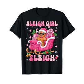 Groovy Pink Gingerbread Sleigh Coquette Bow Christmas Girl T-Shirt