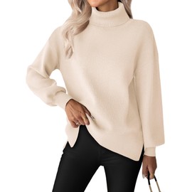 Zeagoo Women's Turtleneck Sweater 2025 Fall Winter Chunky Knit Oversized Sweaters Casual Side Slit Pullover Jumper Top Beige