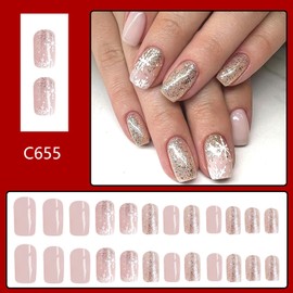 24Pcs Christmas Press on Nails Short Square Fake Nails with Cute Snowflake Designs Gold Glitter Nails Press ons Nude Pink Acrylic Nails Winter Nails Glossy Glue on Nails for Women DIY