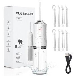 Irrigador Bucal, Irrigador Dental Portátil, 3 Modos de Limpieza y 8 Puntas, IPX7,250ml Limpiador de Dientes a Presion de Agua, Limpieza Dental, Adecuado para el Hogar y Viajes (Blanco)