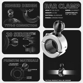 Tackform 20 Series BC1 Bar Clamp with 20mm Aluminum Ball | Billet Aluminum Clamp with Rubber Insert for 3/4" and 7/8" Bars ONLY | Real Chrome