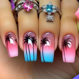 Summer Press on Nails Medium Long Fake Nails Pink Blue Gradient Acrylic Nails with Coconut Tree designs Stick on Nails Glossy Full Cover Beach False Nails for Women Nail Decorations24pcs