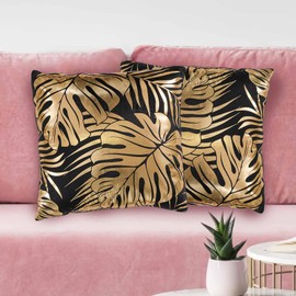 Betadistor Velvet Cushion Cover Gilding Tropical Leaves Throw Pillow Covers Square Decorative Cushion Case Soft for Home Sofa Living Room Bedroom 18x18 Inch Pack of 2, Gold Leaves, 525-0553