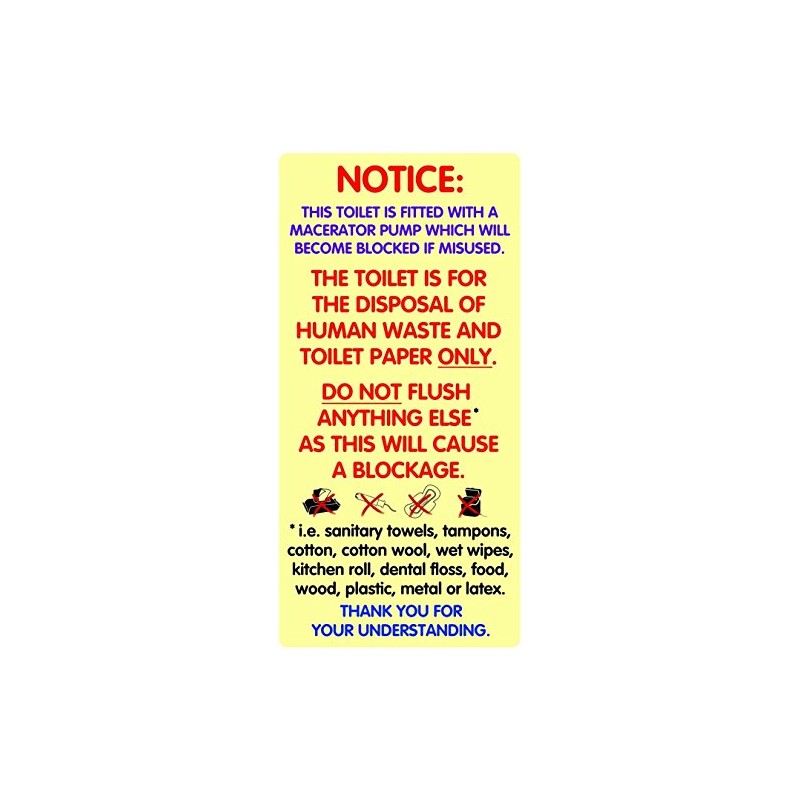 Pair of Waterproof Warning Notices/Sticker Signs for Macerator Toilets. Fits