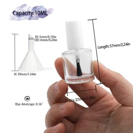 Agidea 6 botellas vacías de esmalte de uñas con tapa blanca de cepillo para polvo, 10 ml, botellas vacías de esmalte de uñas recargables de vidrio transparente con abalorio y embudos mezcladores, 0.33 onzas