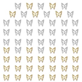 qiipii 60pcs Butterfly Nail Charms Bulk 3D Golden Silver Butterflies Charms for Acrylic Nails, Nail Alloy Studs Charms Nail Art Jewels Decor Supplies Accessories for Nails Face Makeup Body DIY Crafts