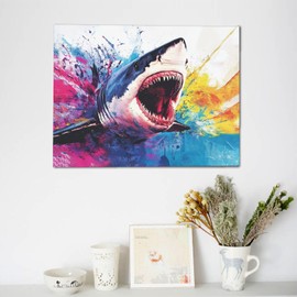 Shark Canvas Wall Art Ocean Animal Painting Colorful Shark Pictures Framed for Bathroom Bedroom Living Room Sharks Home Office Coastal Nautical Wall Decor 12"x16"