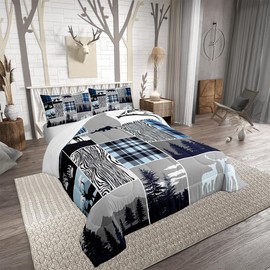 Kids Rustic Farmhouse Comforter Set Twin Size, Retro Woodland Moose Bedding Set Bear Deer Country Patchwork Quilt Hunting Wild Animal Christmas Adventure Duvet Insert with 1 Pillow Case, Blue