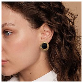 Iaceble Vintage Gold Onyx Earrings Twits Circle Stud Earrings Black Gemstone Earrings Round Birthstone Earrings Jewelry for Women and Girls