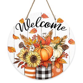 Deroro Welcome Fall Pumpkin Sign for Front Door Decor, Autumn Sunflower Leaves Mason Jar Wood Door Hanger for Outdoor Porch, Thanksgiving Farmhouse Wooden Wreath Indoor Wall Hanging Decoration