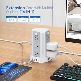 SMALLRT Power Strip Surge Protector, 16.4 Ft Extension Cord with 12 AC Multiple Outlets 4 USB (1 USB C), SMALLRT Power Tower Desktop Charging Station, Home Dorm Room Office Essentials, Desk Accessories White