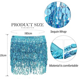 LuckyMoon Belly Dance Skirt Hip Scarf, Sequin Tassel Belly Dancing Skirt Dance Hip Belt Latin Dance Hula Hip Scarf Blue