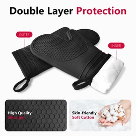 Lazebox Extra Long Silicone Oven Mitts with Pot Holders with Soft Cotton Lining Non-Slip Textured Grip, Heat and Slip Resistant Oven Mitts with Pot Holders for Baking, Cooking, Black