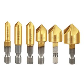 APLUS Countersink drill bits Hex Shank HSS Counterbore Reamer Countersink Chamfer Counter Sink Bit Set 6Pcs 5 Flute 90 ° Meter for Wood 1/4 19 mm