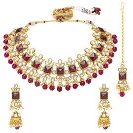 Aheli Traditional Maroon Crystal Choker Necklace Earring Maang Tikka Jewellery Set Gift for Women