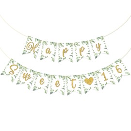 Firefairy Happy Sweet 16 Banner, Pre-strung Sage Green 16th Birthday Banner, 16 Years Old Birthday Party Decor, Sweet Sixteen Party Decor, Sweet 16 Party Decorations for Girls