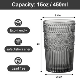 ZMOWIPDL Vintage Glassware Drinking Glasses Set of 6,13 oz Grey Textured Flower Design Glass Water Tumblers，Embossed Striped Drinkware for Water,Cocktails,Juice,Iced Coffee