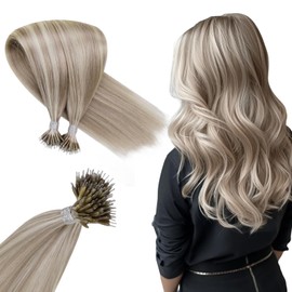 Hetto Nano Hair Extensions Real Human Hair Blonde Nano Ring Hair Extensions 18 Inch Remy Straight Invisible Highlight Ash/Platinum Blonde Nano Beads Extensions 50s 50g #18/613