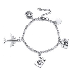 PiercingJak Travel Gifts Bracelet Passport Airplane Earth Heart Camera Charm Bracelets Stainless Steel Link Chain for Men Women Inspiration Jewelry for Travel Graduation Gift