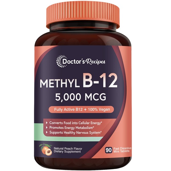 Doctor's Recipes Vitamin B12, Methylcobalamin 5000 mcg 90 Fast Dissolve Tablets, Natural Peach Flavor, Vegan Methyl, Energy Metabolism & Nervous System
