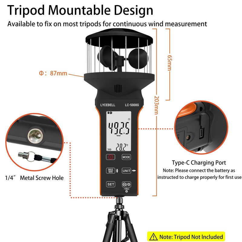 LYCEBELL Digital Anemometer Handheld Wind Speed Meter 360° Wind Measurement