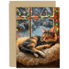 Vintage Christmas Cards for Men and Women - Festive Cat Sleeping Lights Painting Design - For Him or Her - Christmas Cards for Dad Mum Grandparents Auntie Uncle - Blank Inside