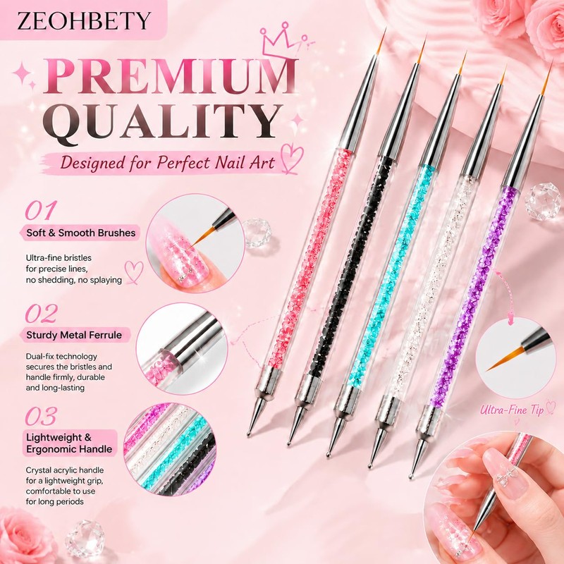 ZEOHBETY Nail Art Brushes, 5Pcs Nail Art Liner Brushes, Dotting