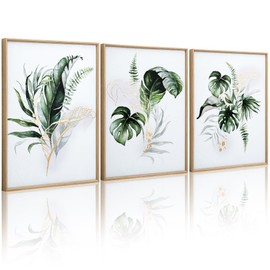 ArtbyHannah Framed Canvas Wall Art for Living Room Botanical Wall Art Gold Modern Wall Decor with Green Plant Pictures for Bedroom Bathroom (12x16 Inch 3pack Beige Framed)